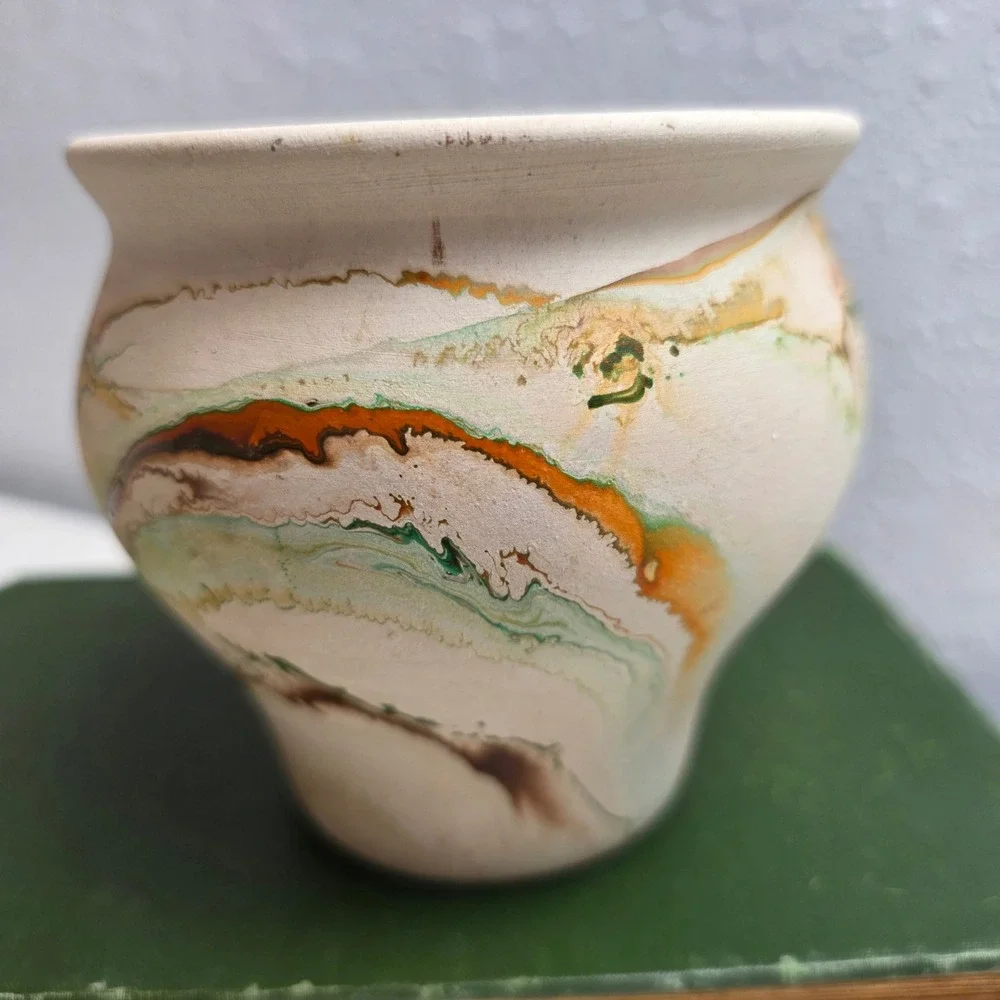 Nemadji Pottery Marbled Clay Vase Green Orange Tan Swirl USA‎ Made MCM Decor